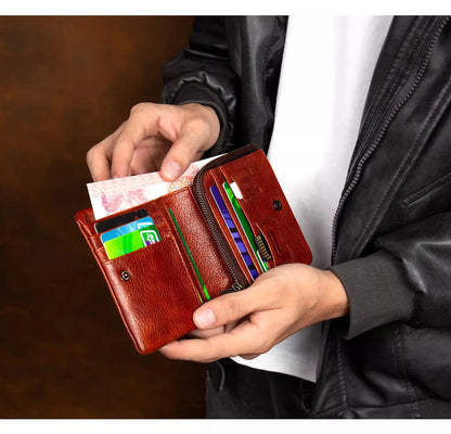 Men's Hand-Rubbed Genuine Leather Short Wallet Top-Grain Vegetable-Tanned Zipper Wallet with Driver's License Card Holder