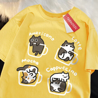 American Style Coffee Cat Japanese Style Tshirts Man Casual Breathable Cotton Loose Summer T-Shirt Loose Cotton Oversize T Shirt