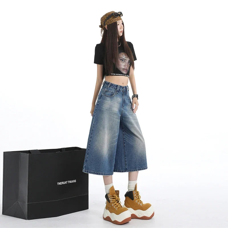 Women's American Vintage High Waist Denim Capri Design Sense Straight Leg Wide Leg Casual Shorts