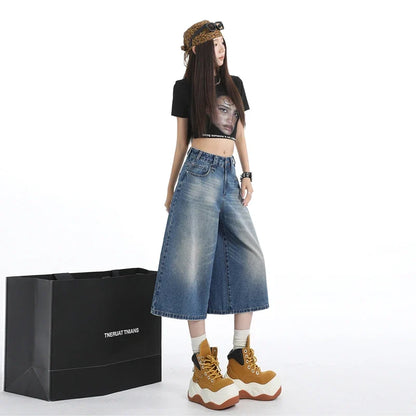 Women's American Vintage High Waist Denim Capri Design Sense Straight Leg Wide Leg Casual Shorts