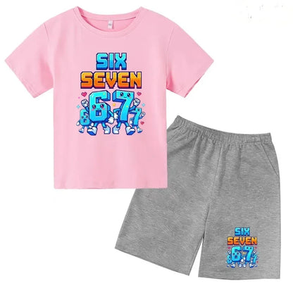 Boys Girls 3-12Y Summer Fashion Outfit 67 Number Cartoon Print T-shirt and Shorts Casual Two-Piece Clothing Set