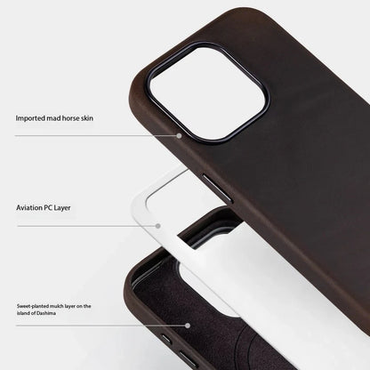 Italian Crazy Horse Genuine Leather Case for iPhone 16 15 17 Pro Max Magnetic Cases Personality Cowhide with MagSafe Phone Cover