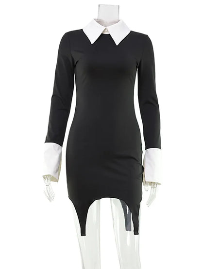 Turn-down Collar Solid Patchwork Long Sleeve Women Dresses Hip Wrap Fashion Sheath Outfits Female Sexy Club Bodycon Robe