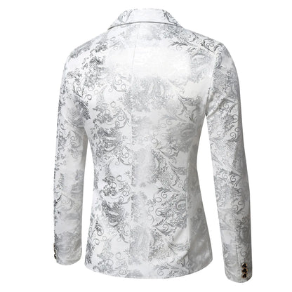 Men's Slim Fit Print Blazer Jacket 2025 Fashion Handsome Business Casual Silver Stage Show Suit Small Menswear