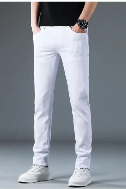 Korean Man Designer Clothes 2025 White Jeans Men Spring Autumn Printed Students Slim Stretch Pencil Pants Workwear Long Trousers