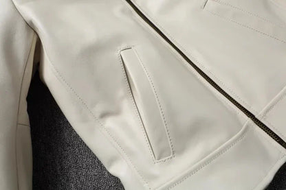Men's Genuine Leather Jacket White Lapel Calfskin Jacket Natural Cowhide Men's Coat Slim Fit Top Layer Cowhide Biker Jacket