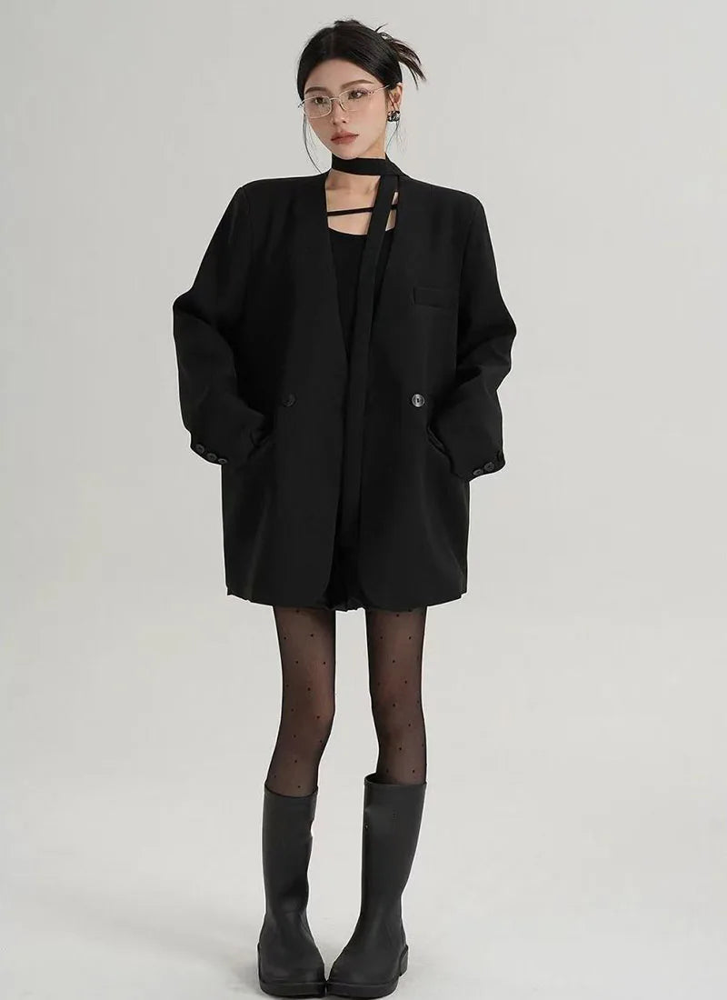 Fashion Collarless Blazers Jacket Ladies Korean Streetwear Design Belt Temperament Blazer Woman Chic Long Sleeve Loose Suit Coat