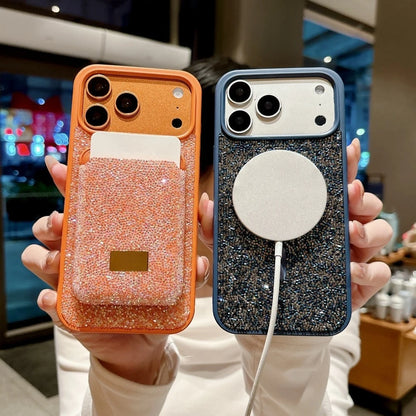 Luxury Glitter Flash Diamond Case With Magnetic Card Bag For iPhone 17 Air 16 15 14 Plus 13 12 Pro Max Anti-drop Protector Shell