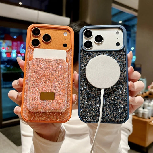Luxury Glitter Flash Diamond Case With Magnetic Card Bag For iPhone 17 Air 16 15 14 Plus 13 12 Pro Max Anti-drop Protector Shell