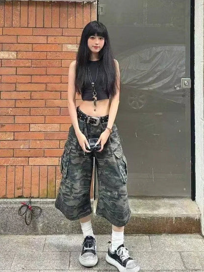 2026 Y2k Retro Women Low Rise Jorts Brushed Black Wash Cropped Baggy Jeans Wide Leg Frayed Denim Short Pants Fashion