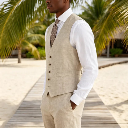 Men‘s  Linen  Waistcoat Single Breasted V Neck Suit Vest Adjustable Back  Slim Fit Casual Wedding Formal  Gentleman For Beach