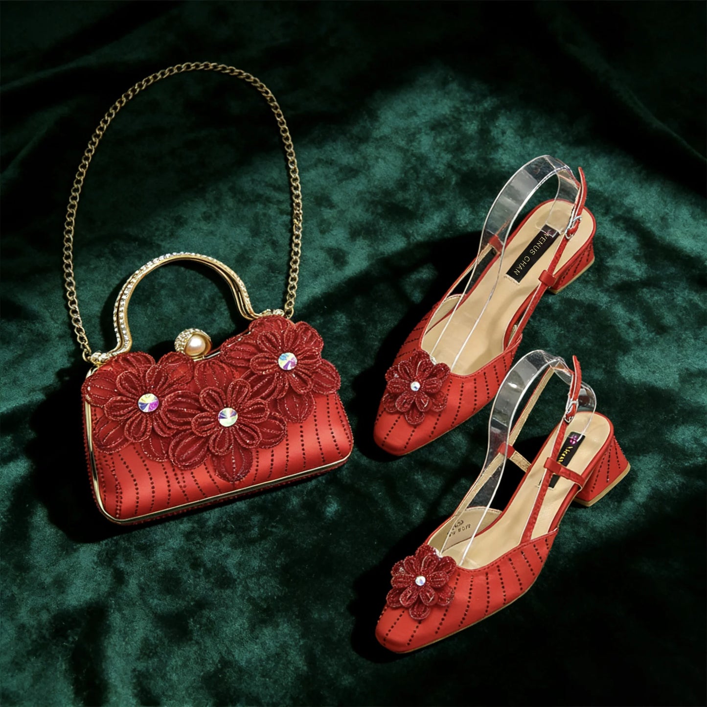 Party Shoes and Bag Ladies Heel Decoration Pure Elegant Flower Wedding Shoes and Bag Full Rhinestone Fashion Handbag