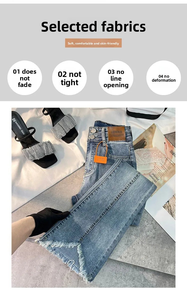 Women Autumn Y2K Slim Flared Denim Trouser Raw Edge Vintage Sexy Minimalist Pant Grunge High Waist Solid High Street Retro Jeans