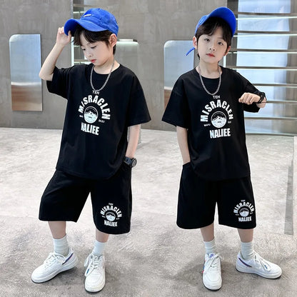 Summer Boys Cotton Leisure Print T-Shirt Top+Shorts Pant Contrast Set School Kids 2PCS Tracksuit Children Vacation Outfit 5-16Yr