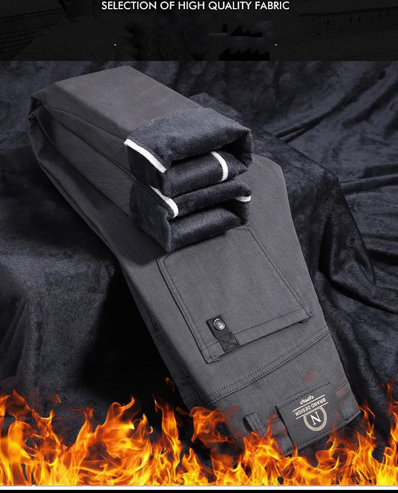 2024 Winter New Men's Warm Slim Fit Business Casual Fashion Thicken Trousers Fleece Stretch Brand Pants Black Grey Army Green