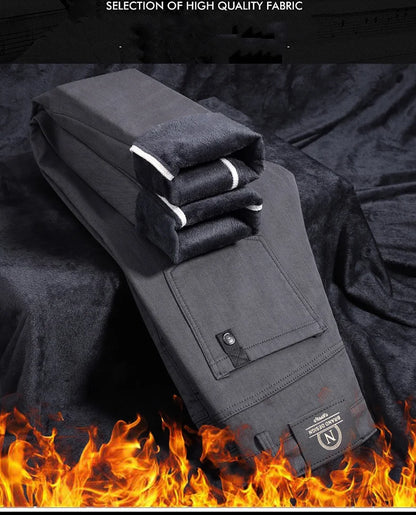 2024 Winter New Men's Warm Slim Fit Business Casual Fashion Thicken Trousers Fleece Stretch Brand Pants Black Grey Army Green