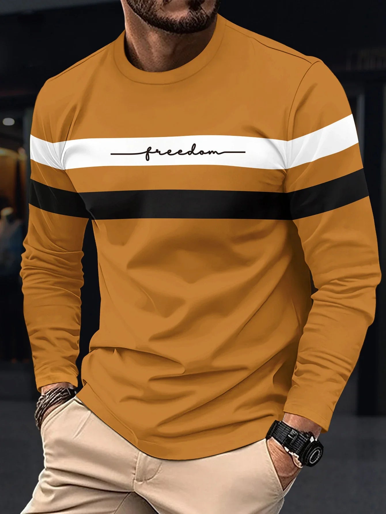 2026 Autumn Men's T-Shirt Clothing Fashion Oversized Crew Neck Long Sleeve T-Shirt Top Simple Casual Stripe T-Shirts For Men