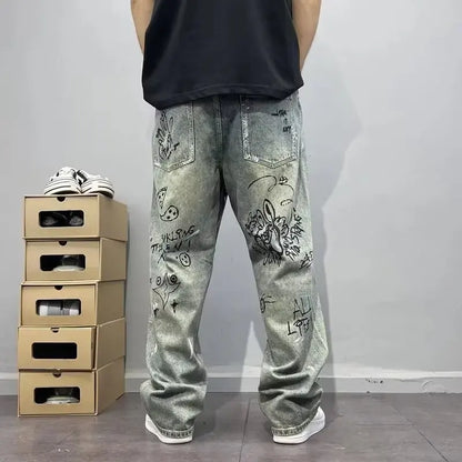 Korean Retro Ripped Jeans Embroidered Slim Fit Men'S Straight Leg Pants Graffiti Jeans Fashion Casual Pants