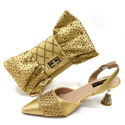 2025 New Summer Collection Stylish Italian Women’s Shoes and Bag Set in Gold Colour - Comfortable Mid Heels With Rhinestones