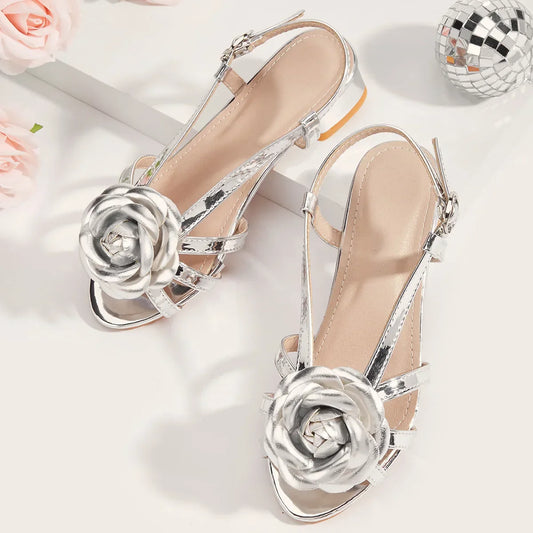2025 Summer New Children's High Heels Fashion Flower Girls' Princess Sandals Silver Kid's Performance Dance Shoes 5-10 Years Old