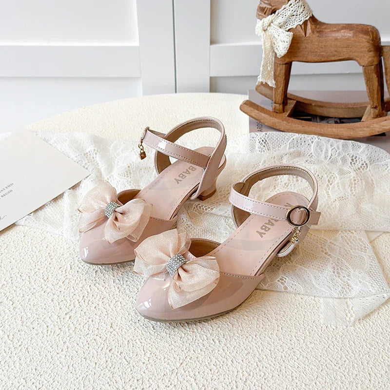 Girls Sandals Fashion Bow Girls High Heels Pink Kid Non-slip Princess Performance Shoes 3-18 Years Old Children's Leather Shoes