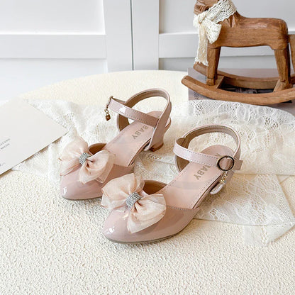 Girls Sandals Fashion Bow Girls High Heels Pink Kid Non-slip Princess Performance Shoes 3-18 Years Old Children's Leather Shoes