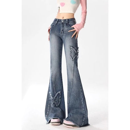 Summer New Vintage  Splicing Micro Flared Denim Jeans Women plus Size High Waist Loose Slimming Frayed Pants