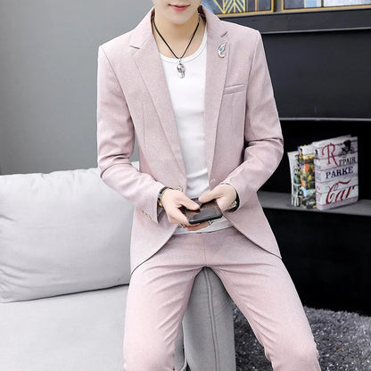 2026 High Quality Casual Suit for Men (Suit + Trousers) Young Solid Color Handsome Korean Version Fashion Slim Two-Piece Set