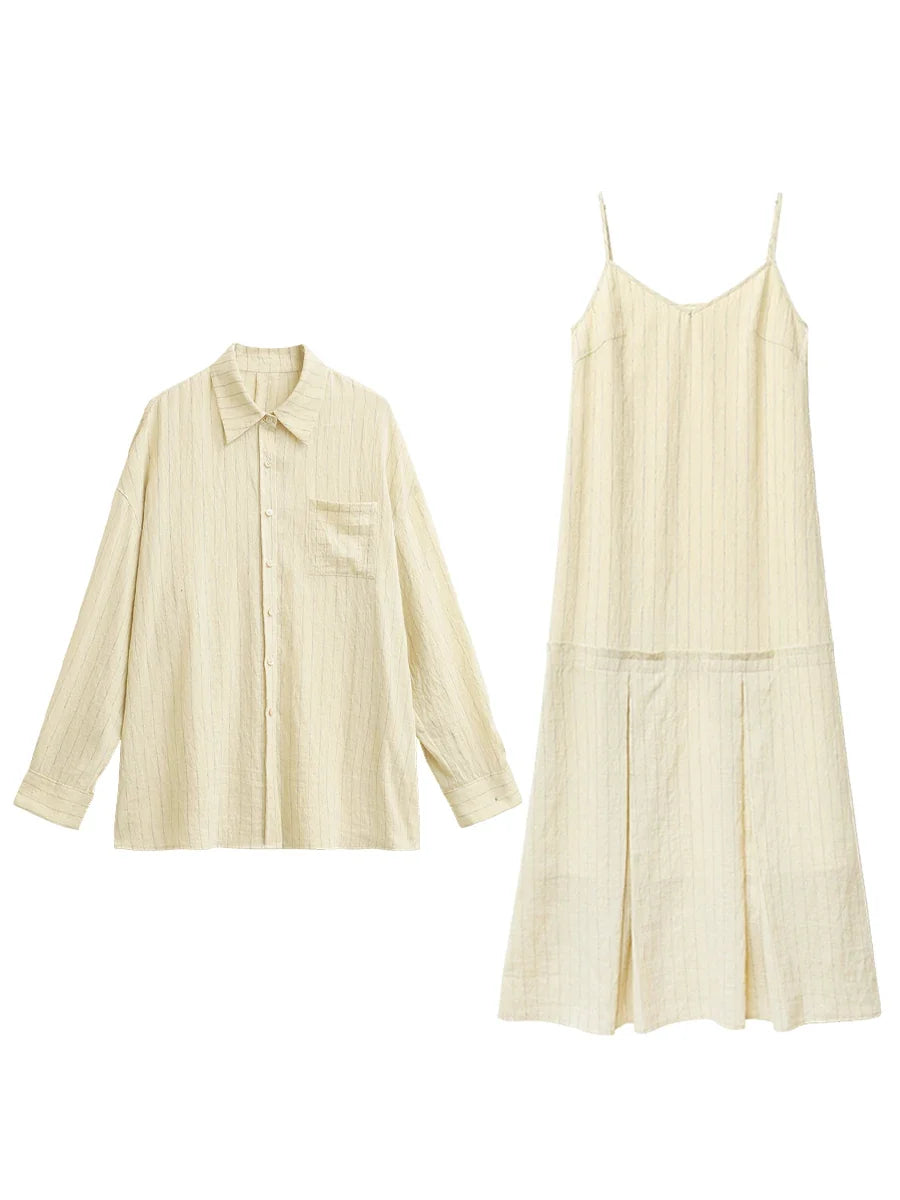Women Dress Sets Stripe Shirt Loose Casual Long Sleeve Sunscreen Blouses Camisole V-neck Dresses Spring Autumn 2025
