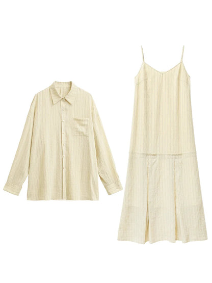 Women Dress Sets Stripe Shirt Loose Casual Long Sleeve Sunscreen Blouses Camisole V-neck Dresses Spring Autumn 2025
