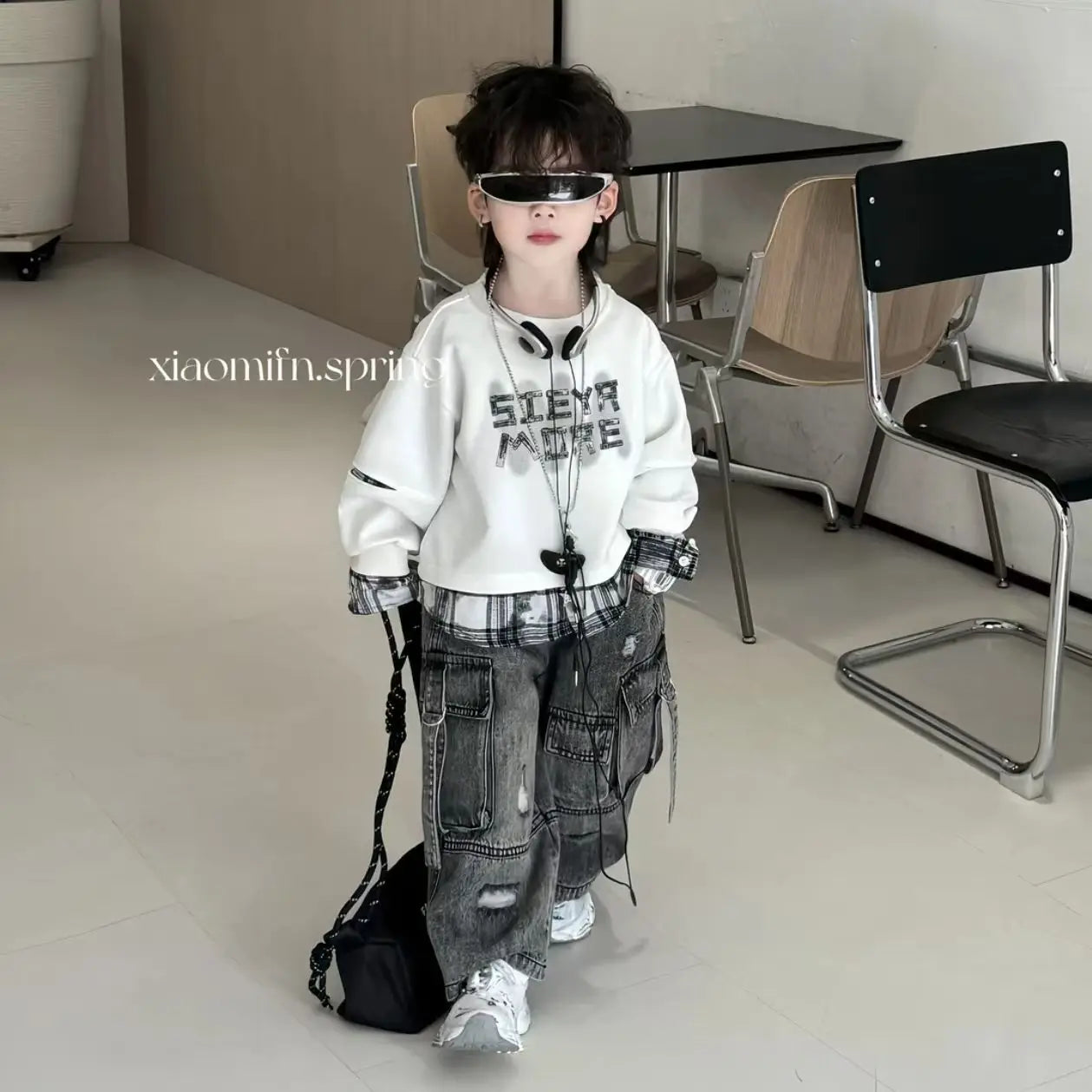 Boys Spring Autumn 2-piece Set Long Sleeved T-shirt Sweatshirt +Wide Leg Jeans Set New Patchwork Hoodie+ Denim Cargo Pants Set