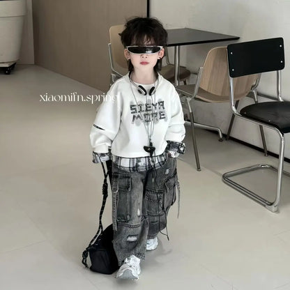Boys Spring Autumn 2-piece Set Long Sleeved T-shirt Sweatshirt +Wide Leg Jeans Set New Patchwork Hoodie+ Denim Cargo Pants Set