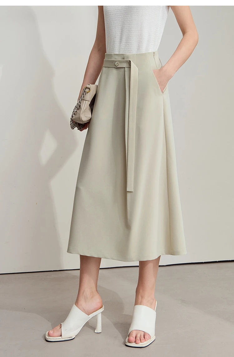 Minimalist Knee length Skirt Women Pleated A-line Loose Dress Elegant Commuting Style Belt Decoration Skirts 12522074