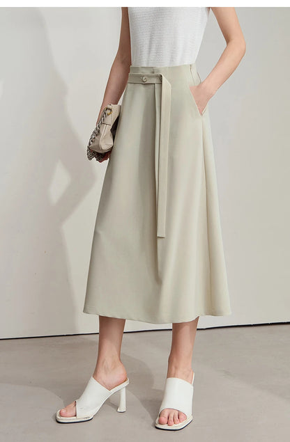 Minimalist Knee length Skirt Women Pleated A-line Loose Dress Elegant Commuting Style Belt Decoration Skirts 12522074