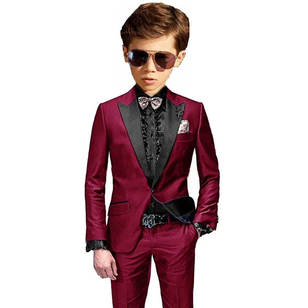 Burgundy Boys Slim Fit Tuxedo 2 Pieces Jacket Pants Formal Party Outfit One Button Peak Lapel Kids Suit Set Wedding Guest Wear