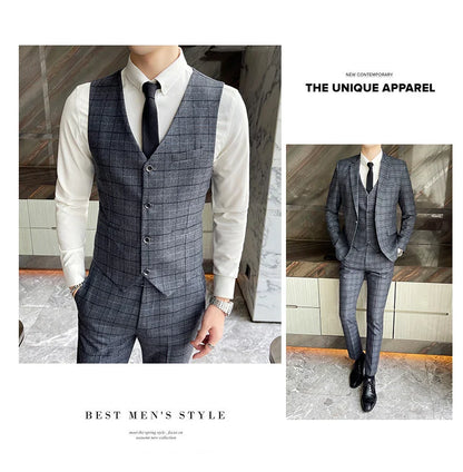 Men's High-Quality Cotton Texture Wedding Suit Set - Plaid Pattern Business Casual Three-Piece Vest Trousers Ensemble