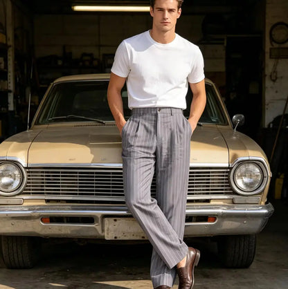 Men's Pinstripe Pants Linen Trousers  Solid Color Loose Fit Half Elastic Waist Straight Leg Breathable Soft For Summer Beach