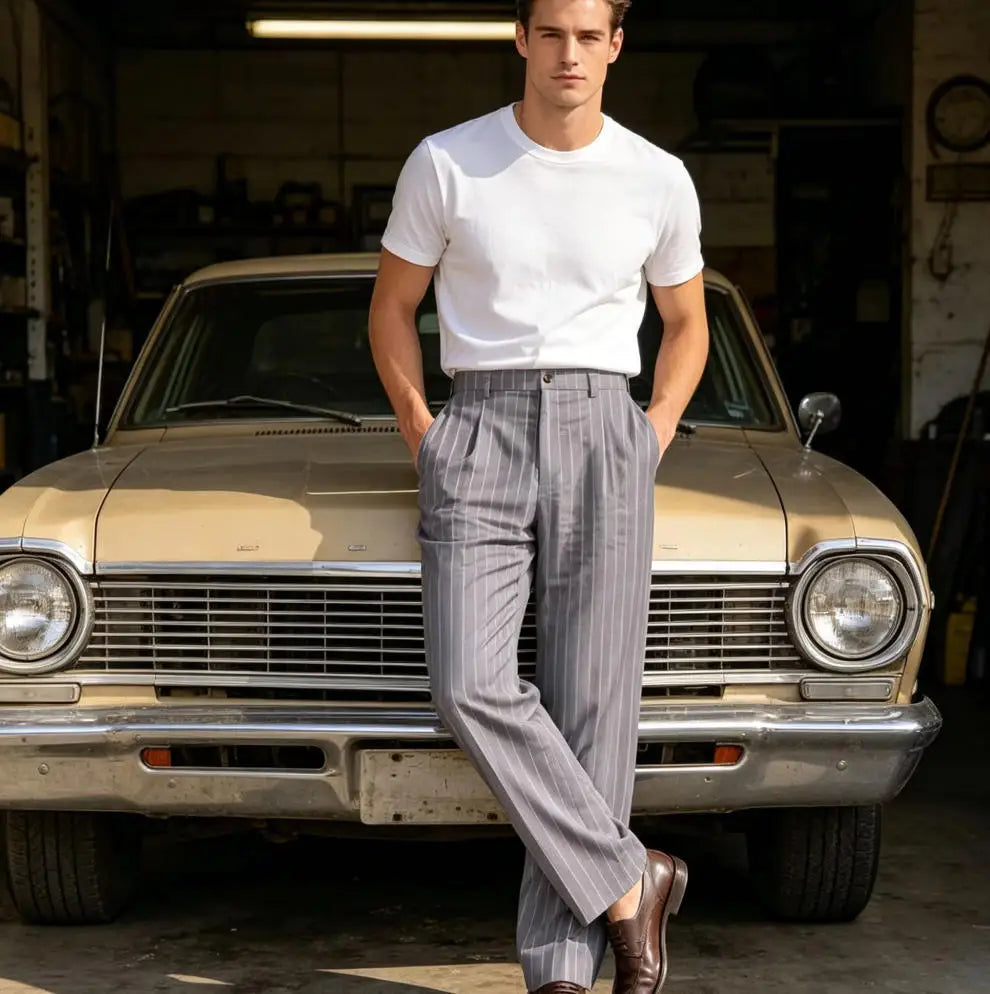 Men's Pinstripe Pants Linen Trousers  Solid Color Loose Fit Half Elastic Waist Straight Leg Breathable Soft For Summer Beach
