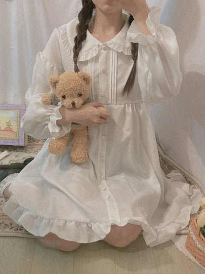 Japanese Sweet Girl Lolita Dress White 2021 Summer Kawaii Peter Pan Collar Cute Ruffle Puff Sleeve Drees Elegant Lady Dresses
