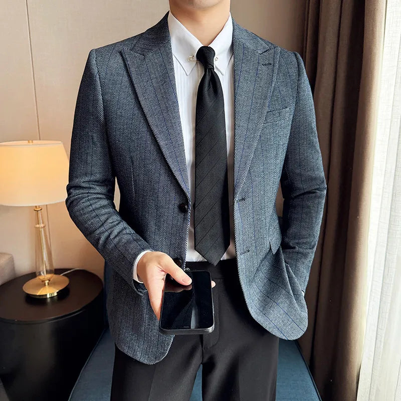 Men's Herringbone Stripe Suit Blazer Classic Lapel Dress Jacket Elegant Slim Fit Fashion Simple Casual Business Prom Suit Jacket