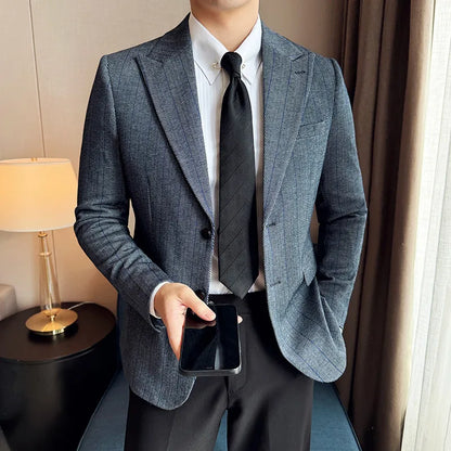 Men's Herringbone Stripe Suit Blazer Classic Lapel Dress Jacket Elegant Slim Fit Fashion Simple Casual Business Prom Suit Jacket