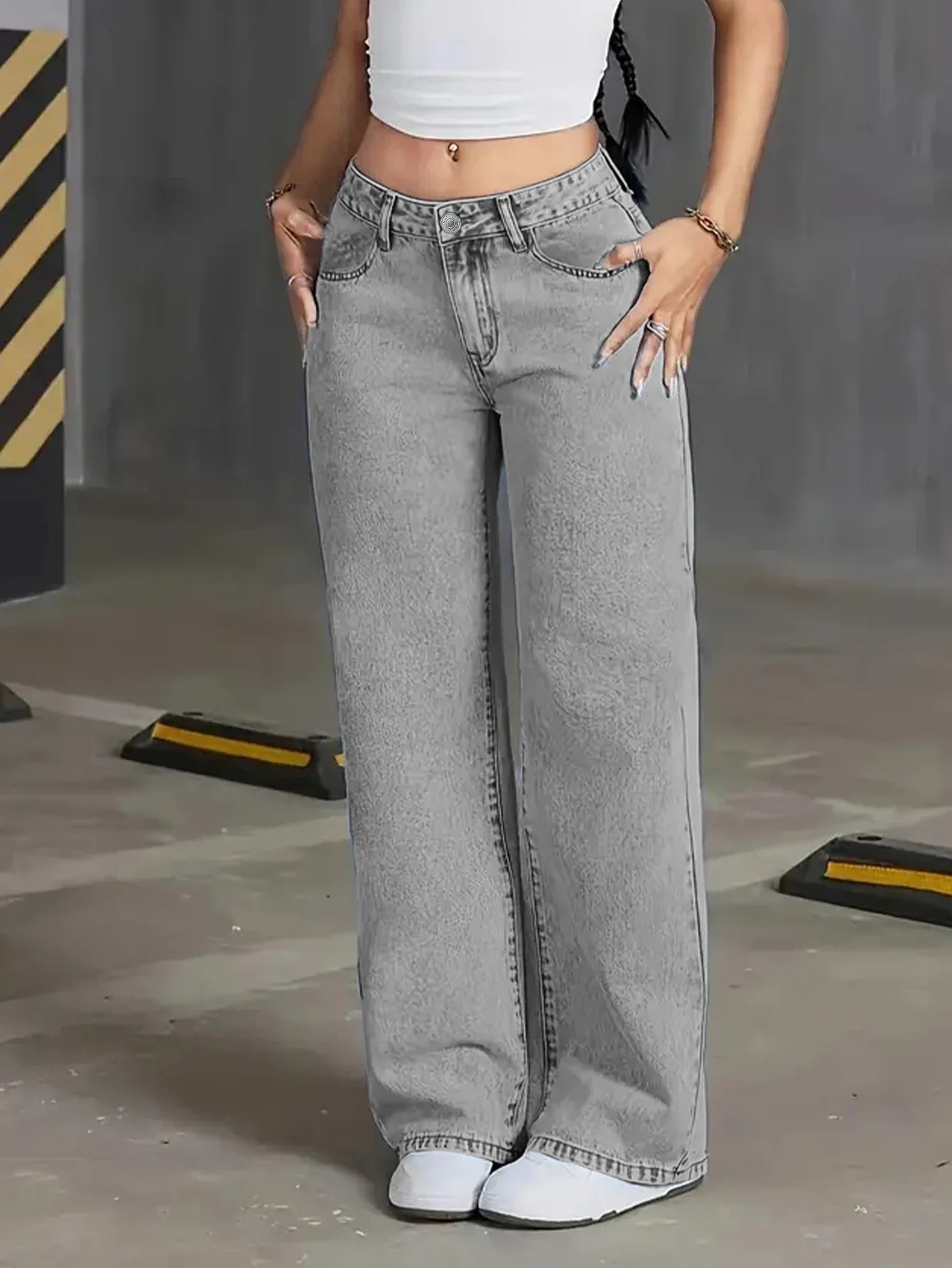Autumn new high-waisted wide-leg women's jeans - light grey washed jeans, loose and fashionable, suitable for casual wear