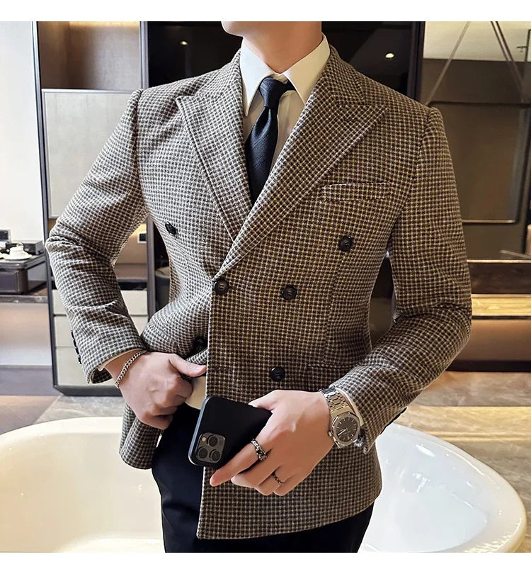 British Style Men Double Breasted Slim Fit Blazer 2024 New Houndstooth Slim Fit Suit Jacket Formal Business Wedding Dress Jacket