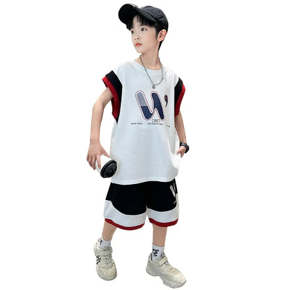 Children Summer Clothing Top and Bottom Set For Boys Cotton Clothes Suit Outfit Suit Kids Sleeveless T-shirt Shorts Tracksuit