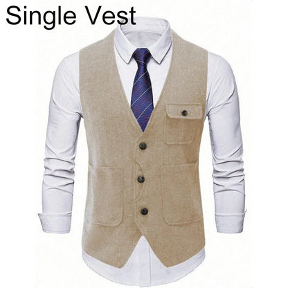 Suit Vest Man Vintage Single-breasted Pocket Male Waistcoat Slim V-neck Sleeveless Business Casual Versatile Men Vest
