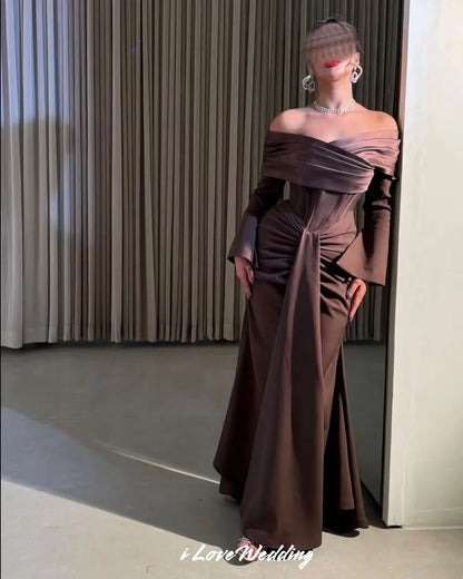 Brown Off the Shoulder Prom Dresses 2026 Long Sleeve Corset Mermaid Pleated Backless Lace-up Wedding Party Dress Customized