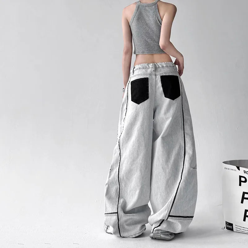 Korean High Street Hip-Hop Wide Leg Pants Women'S Jeans Striped Color Blocked Casual High Waisted Loose Straight Leg Pants