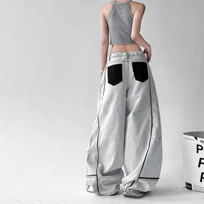 Korean High Street Hip-Hop Wide Leg Pants Women'S Jeans Striped Color Blocked Casual High Waisted Loose Straight Leg Pants