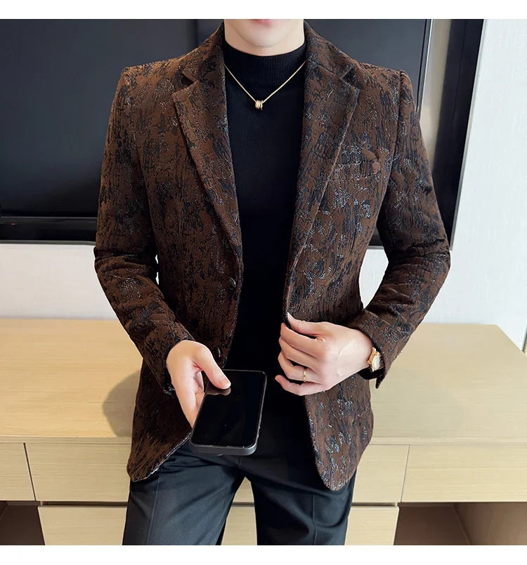 High Quality Plush Jacquard fashion Suit Jacket  Korean Version Slim Fit Business Retro Casual Social Wedding Suit Blazer 5XL-M