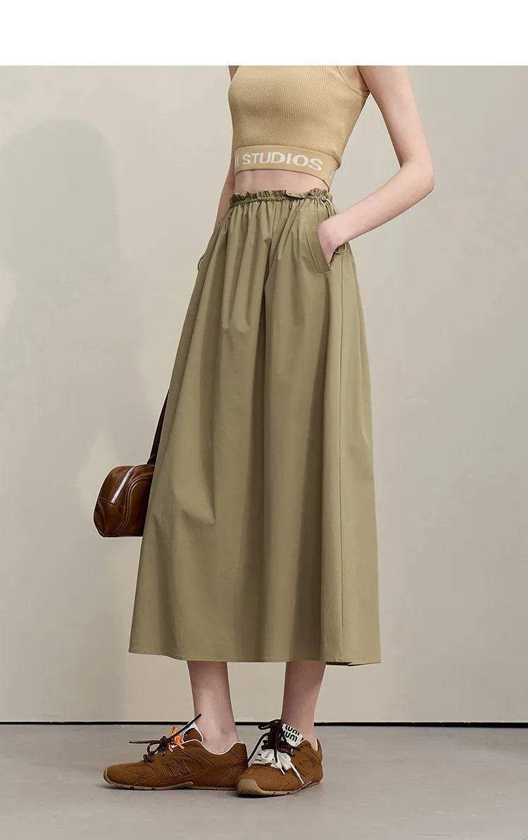 Women's Skirt 2026 Summer New Ruffle Hem Elastic Waist A-Line Midi Skirt Casual Outdoor Loose Fit Skirt For Women 12622013